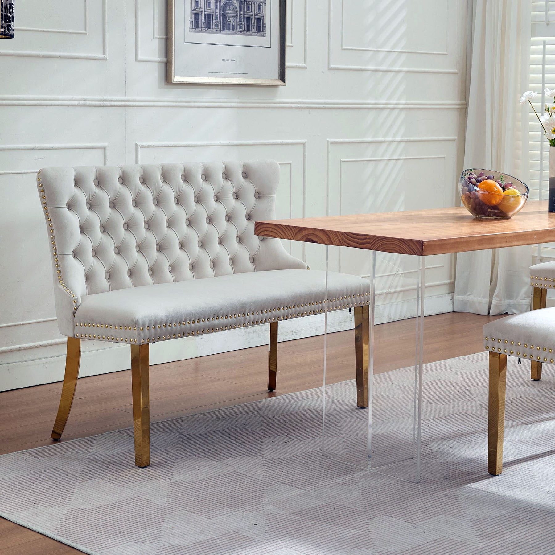 S-HOME Stylish Velvet Double Seat Loveseat Bench Featuring Handmade Buttons and Gold-Plated Steel Legs for Dining Areas, Beige