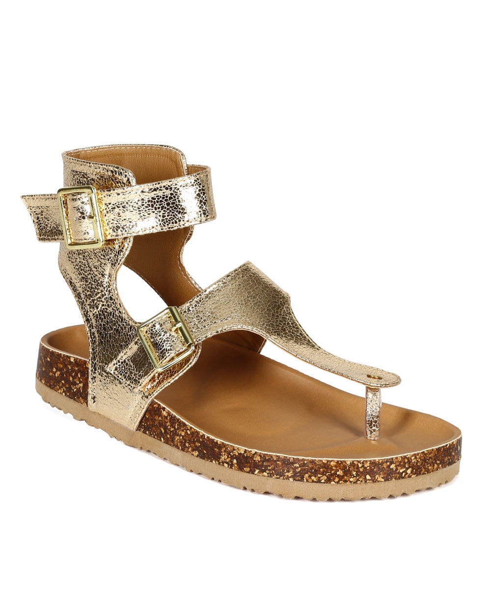 Qupid CA91 Women Metallic Distressed Leatherette TStrap Buckle Flat