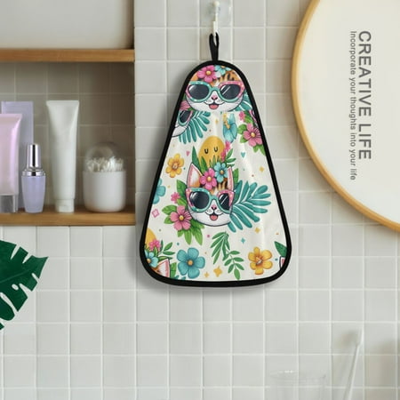 

Happy Cats Faces Flowers Sunglasses Hanging Towel Kitchen Hand Towel Bathroom Absorbent Towel Machine Washable Quick Dry Dishcloths