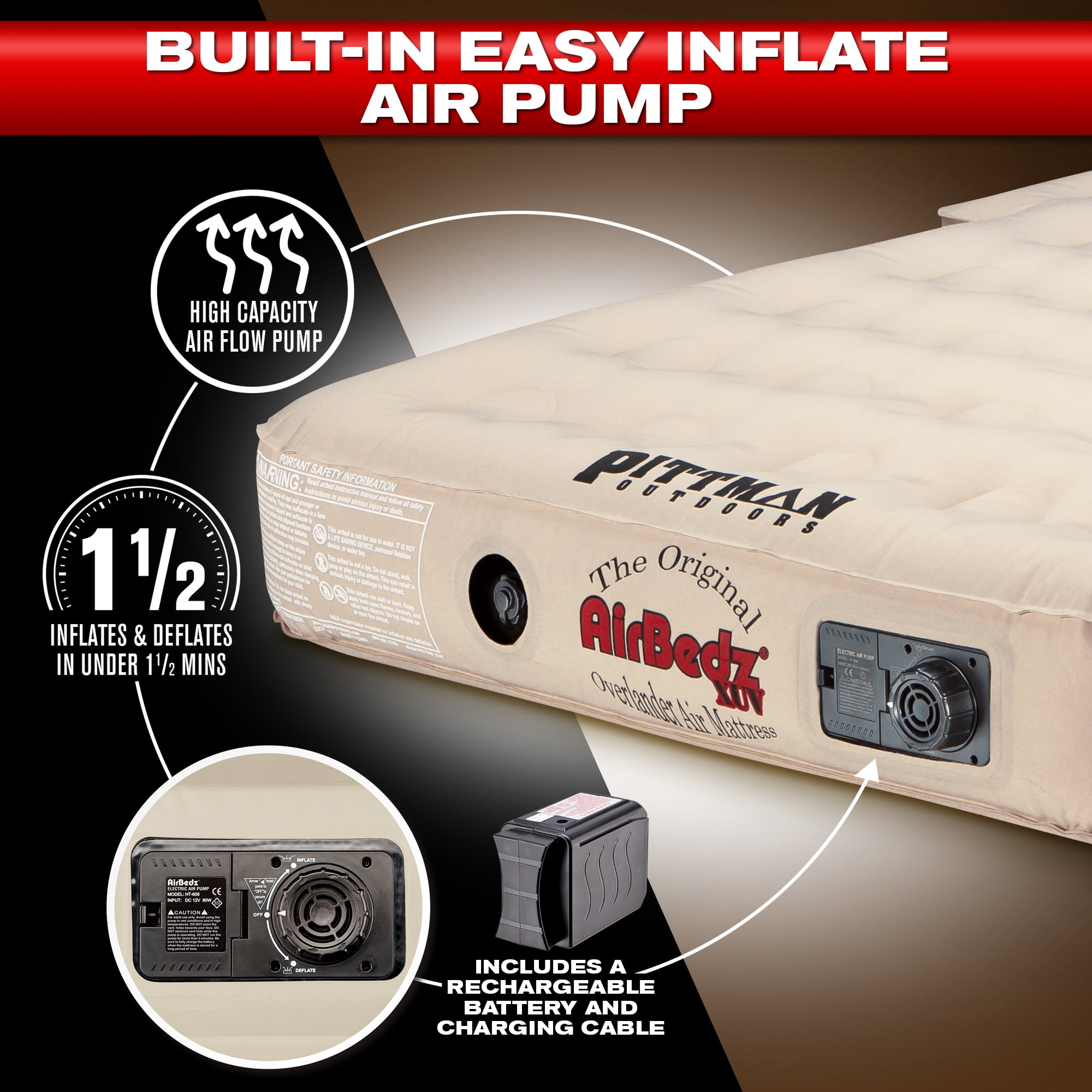 Pittman Outdoors AirBedz XUV JEEP, SUV & Crossover Vehicle Rear Seats Down Air Mattress, Built-In Rechargeable Battery Air Pump