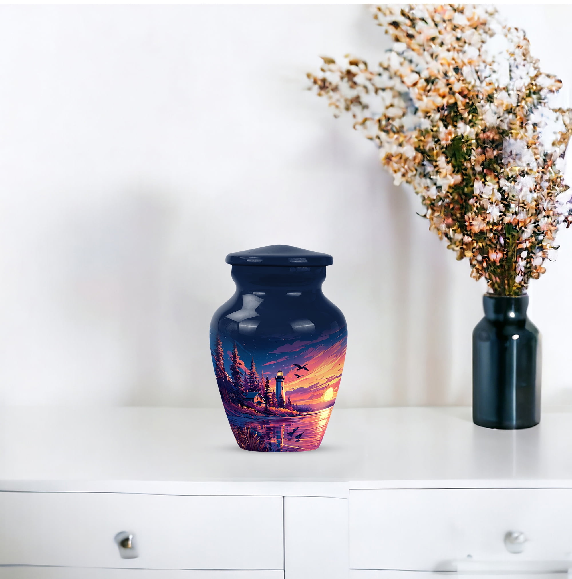 Lighthouse Small Cremation Urns For Human Ashes, Blue Keepsake Urns For Human Ashes Adult Female Small 3 Inch, Purple Mini Urn For Brother