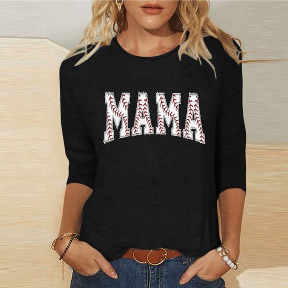 Baikeli Summer Saving 2024 Mom Daily Tops for Women 3/4 Sleeve T-Shirts Comfort O-Neck Shirts Casual Letter Print Blouses Loose Fit Pullover Summer Tops for Women 2024