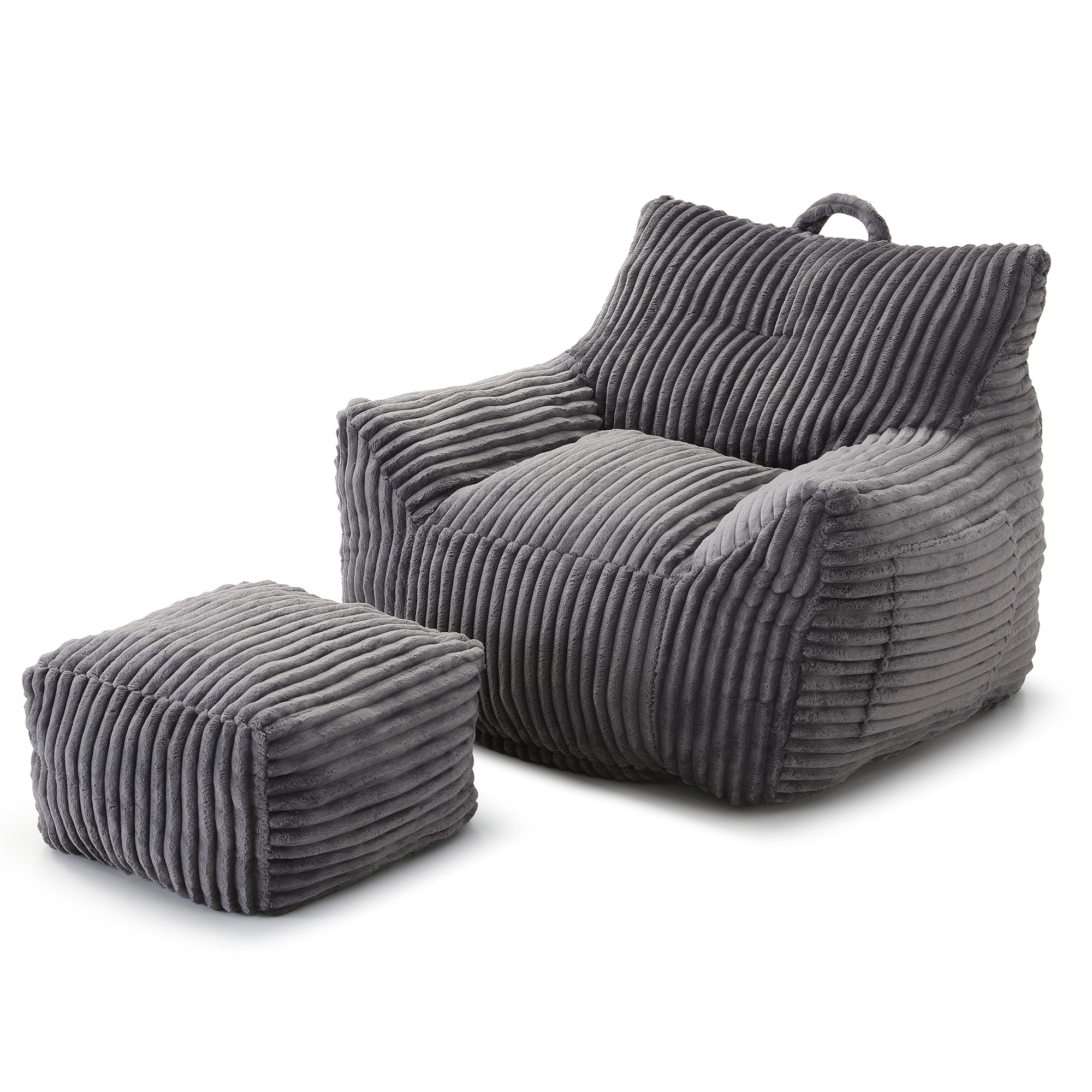 Giant Plush Bean Bag Chair for Adults with Armrests and Footstool, Comfy Beige Beanbag Chaise Lounge Lazy Floor Sofa Chair for Living Room, Bedroom & Dorm, Cozy Fluffy Cloud Mini Couch (Gray)