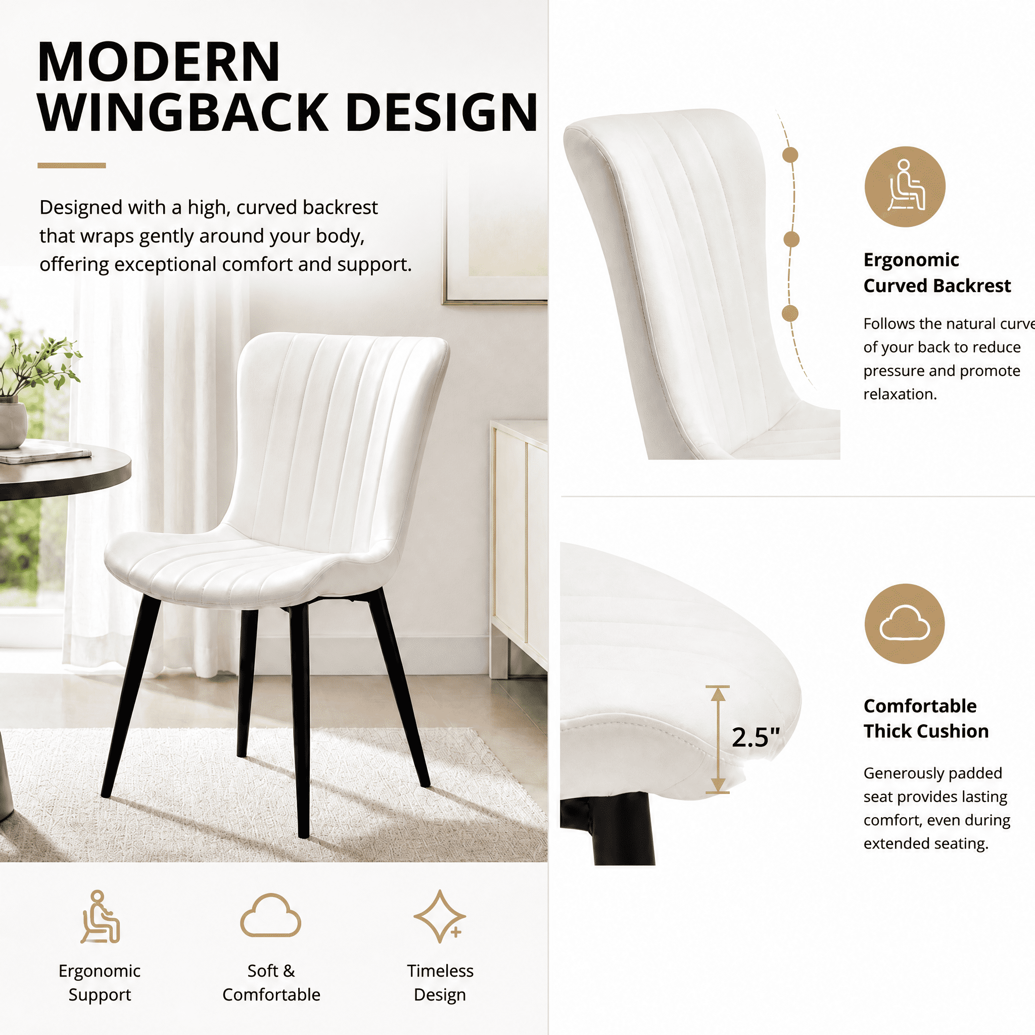 Euroco Modern Dining Chairs Set of 2, Accent Chairs with Curved Back and Iron Frame, Kitchen Side Chairs for Bedroom, Living Room,Dining Room,Cream White