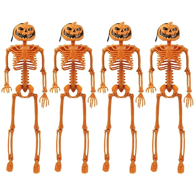 PENGXIANG Halloween Pumpkin Skeleton Decorations with Posable Joints Skeletons for Party Haunted House Props 4 Packs