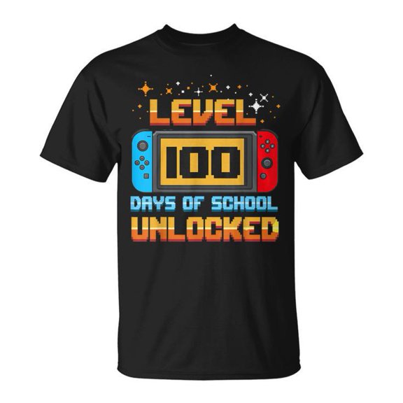 Level 100 Days of School Unlocked Gamer Tee – Boys’ Cotton T-Shirt for 100th Day Celebration, Fun Casual School Outfit, Size L, Color Black