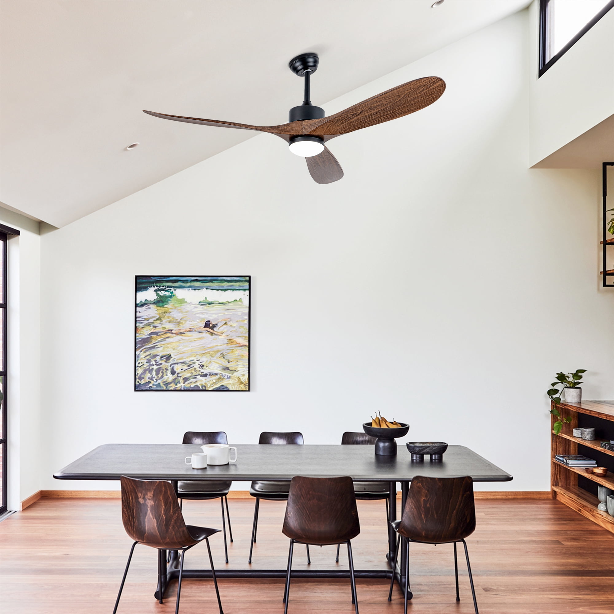 Ceiling Fan with Light, 60 Inch Large Quiet Fan for Big Household Living Space, Matte Black Wood