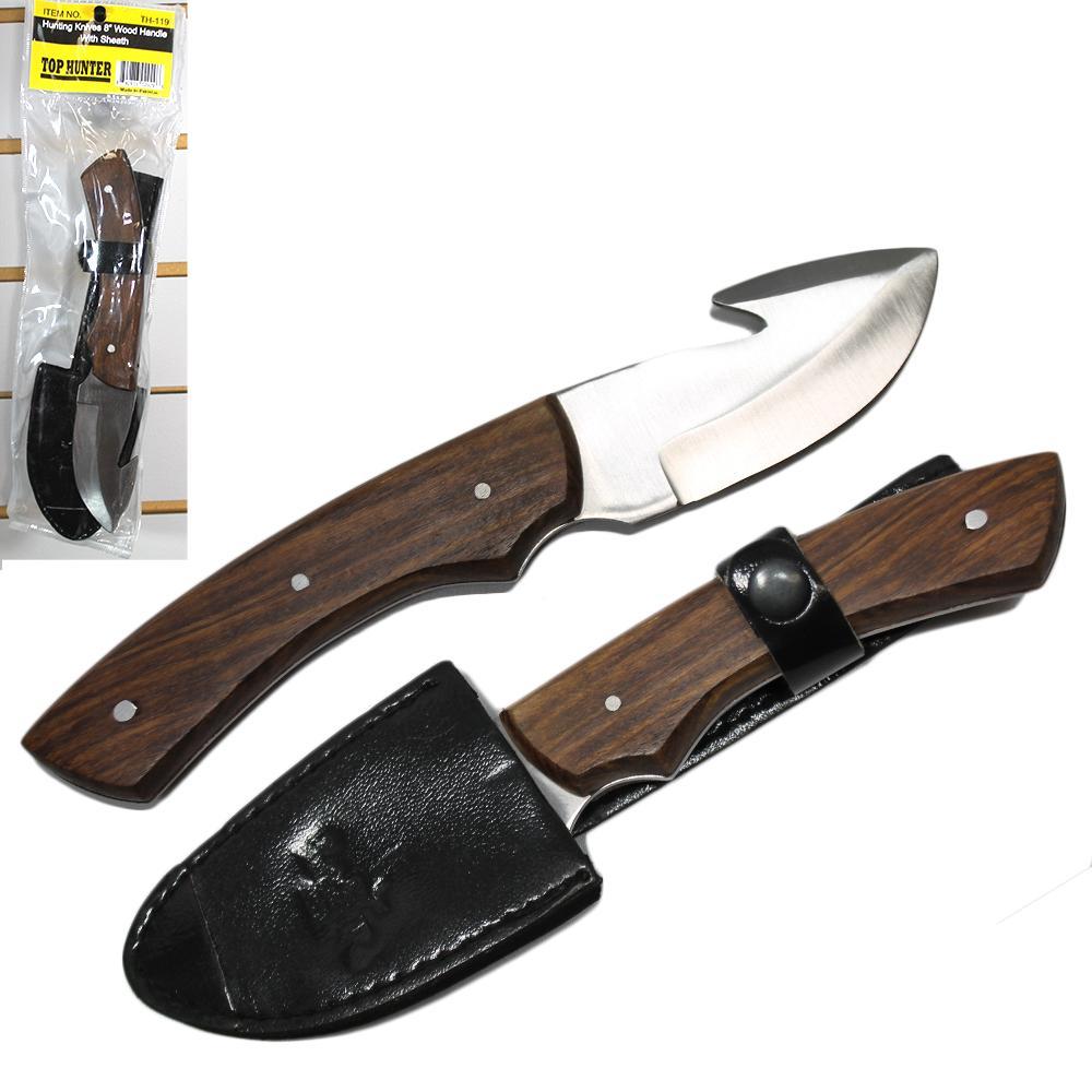 TH 119 8" Wood Handle Hunting Knife Gut Hook with Sheath Display