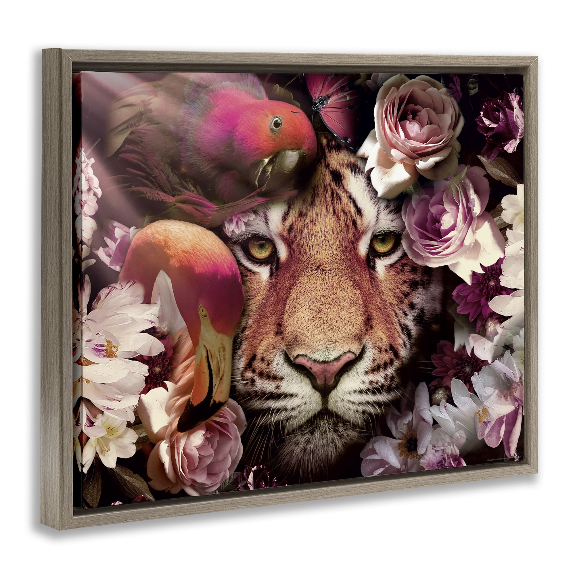 Stupell Industries Tropical Birds & Tiger Animals Painting Brown Floater Framed Canvas Art Print Wall Art, 21 x 17