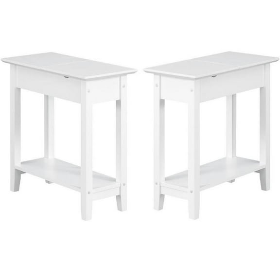 Home Square Top End Table with Charging Station in White Wood Finish - Set of 2