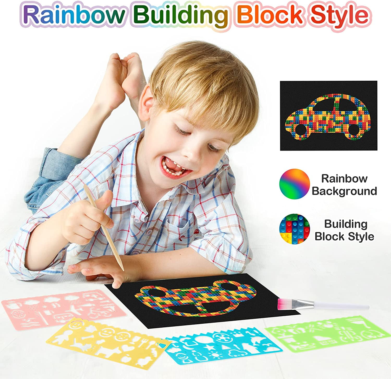 65Pcs Rainbow Scratch Paper for Kids, Magic Art Crafts Set for Girl,  Scratch Art Supplies Kits for Boy (Wooden Stylus, Stencils, Soft Brush),  Black