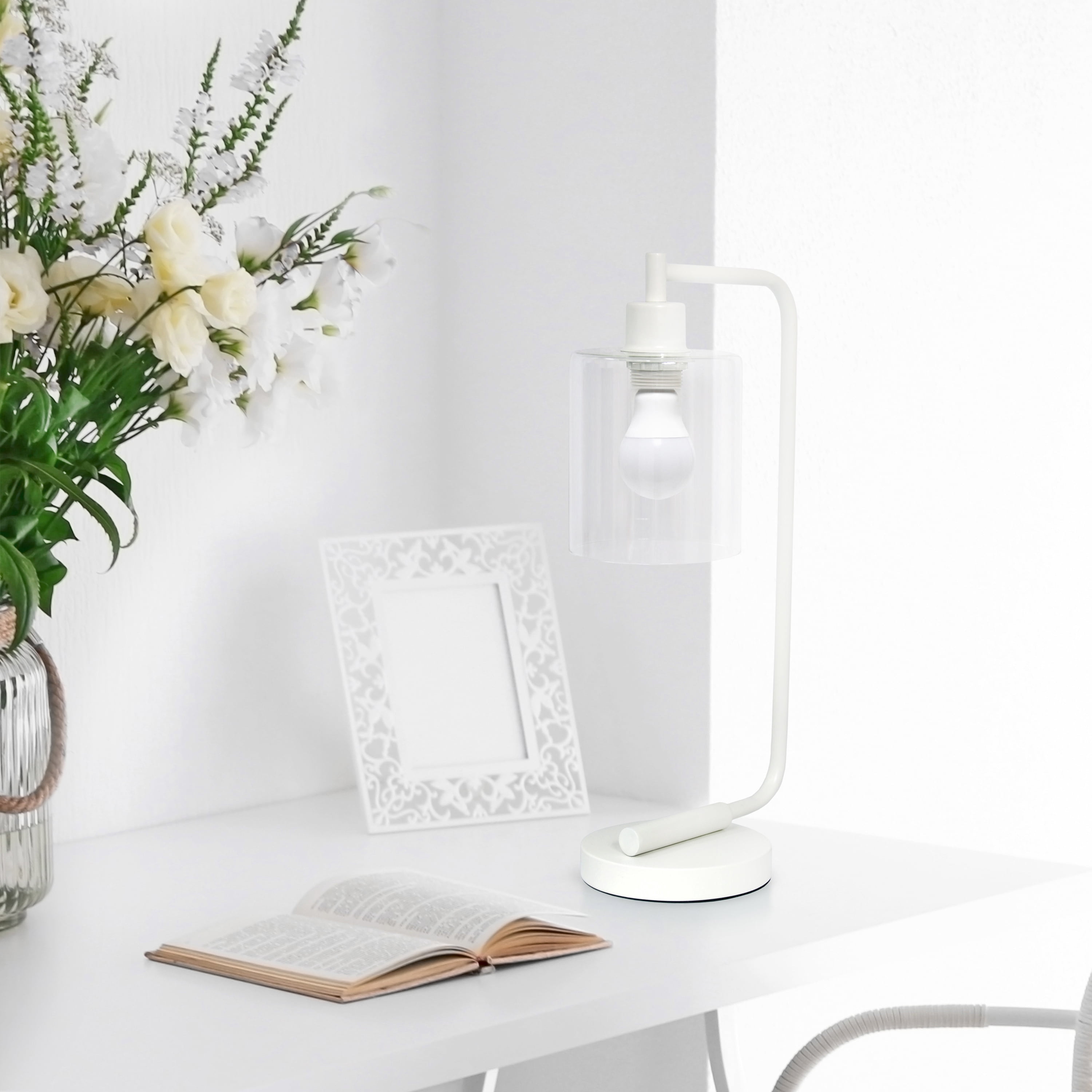 Lalia Home 18.8" Modern Iron Desk Lamp with Glass Shade, with LED Bulb, White