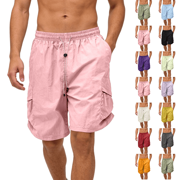 Athletic Cargo Shorts Mens Knee Length Long Shorts Casual Summer Loose Fit Bermuda Shorts Elastic Waist Drawstring Pants with Pockets Pink M