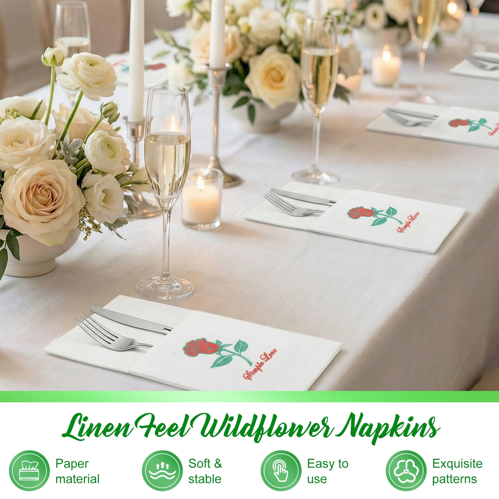 Atopoler 50Pcs Flower Pattern Paper Napkins,Safe Multipurpose Linen Feel Napkins with Flatware Pocket for Wedding Baby Shower Birthday Party,Style 2