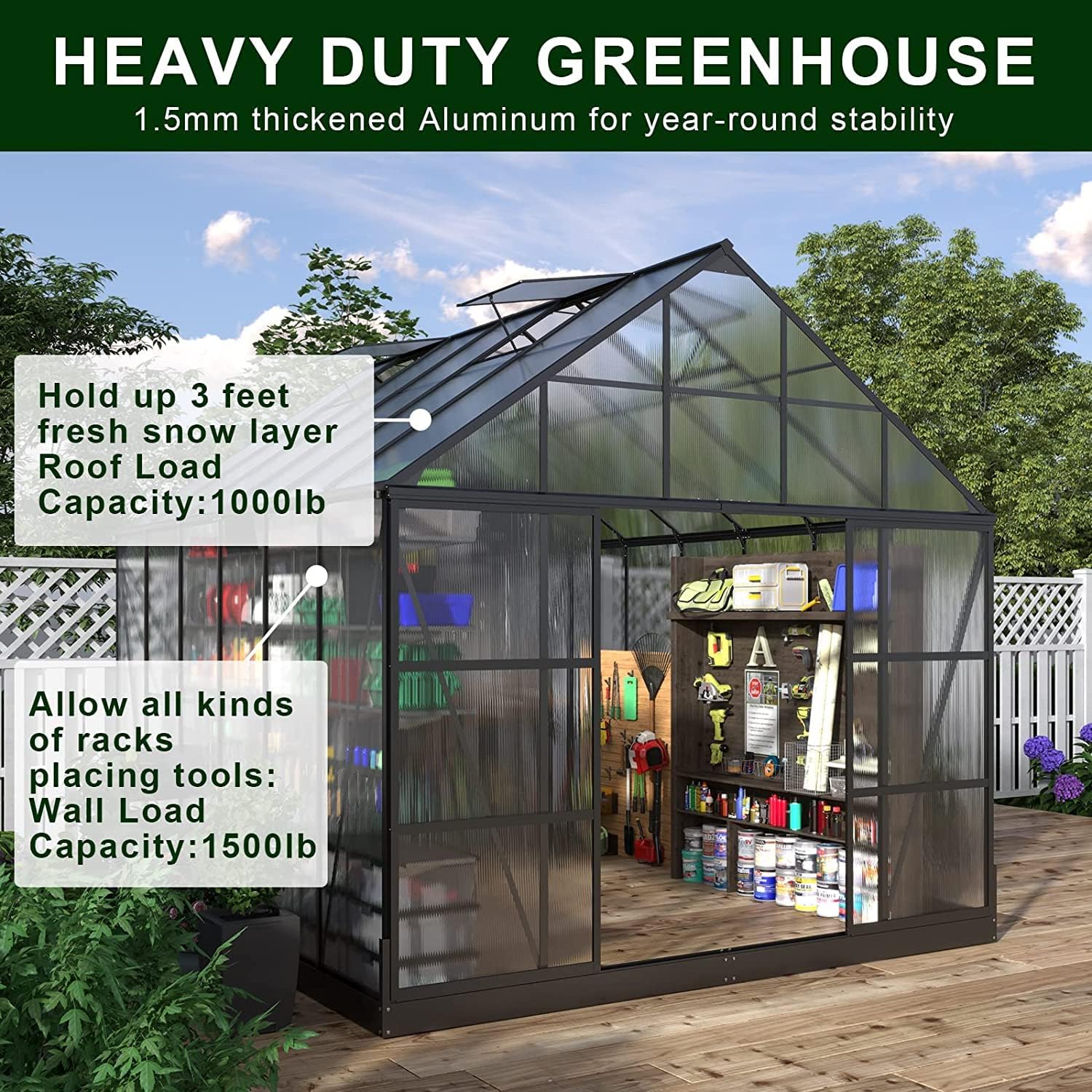 AMERLIFE 12x10x10FT Polycarbonate Greenhouse 2 Sliding Doors 4 Vents Walk-in Premium Professional Greenhouse Storage Shed Sunroom Aluminum Large Hot House for Outdoor Garden Backyard Matte Black - image 3 of 7