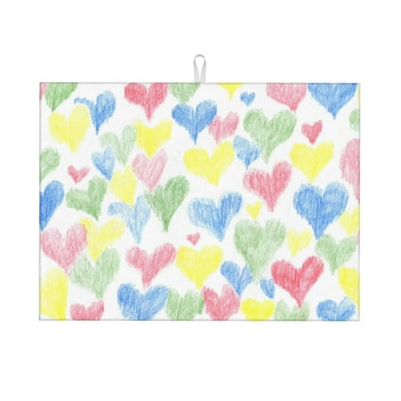 

Qekee Hand Drawn Colored Hearts Print Dish Drying Mat Dishes Drainer Mat for Kitchen Counter Microfiber Absorbent Dish Draining Reusable Washable Draining Racks Extra Large 18 x24