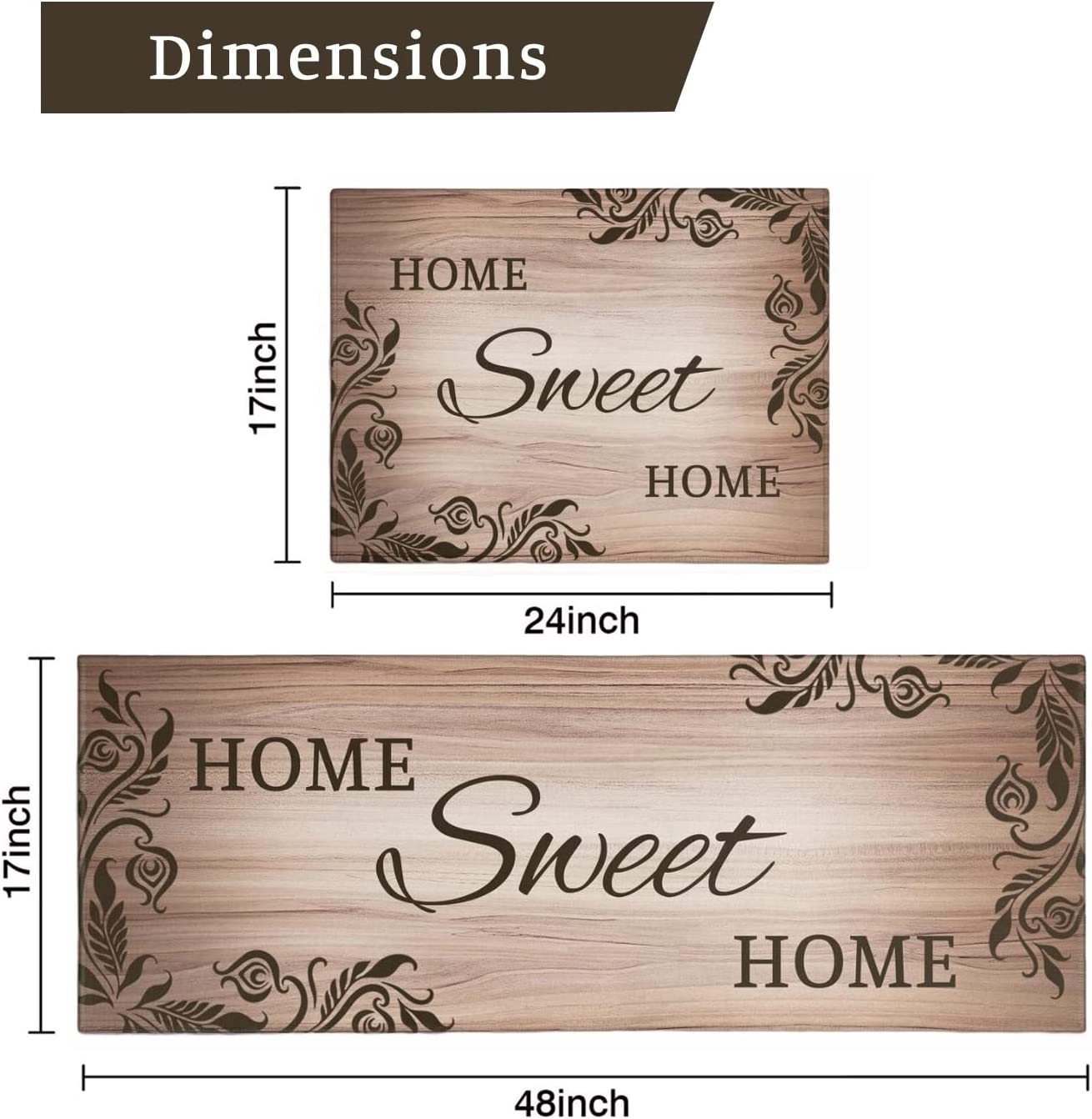 Kitchen Mats Floor Home Sweet Home - Kitchen Mat Set of 2, Brown Kitchen Rug, Farmhouse Kitchen Rugs for Kitchen Sink Area, Kitchen Sink Rugs and Mats, Kitchen Rugs with Words, 17x24 and 17x48 Inch - image 2 of 5