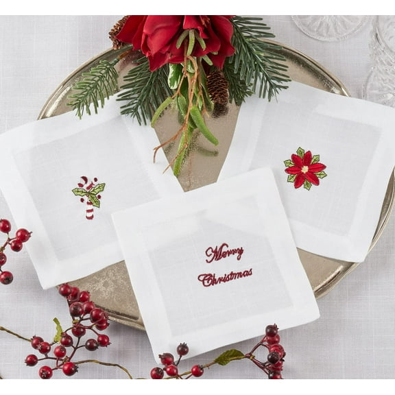 Fennco Styles Embroidered Poinsettia Christmas Cocktail Napkins 6" W x 6" L, Set of 4 - White Cloth Coasters for Dining Table, Family Gatherings, Holidays, Banquets & Home Décor