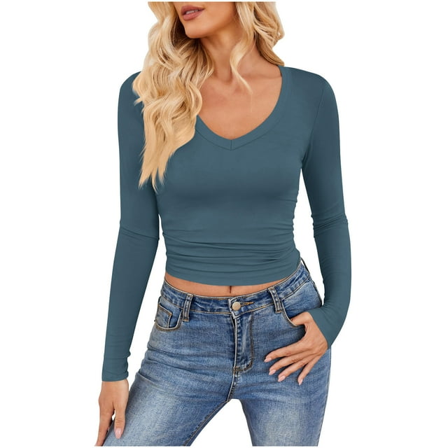 Amzcrzy Womens Long Sleeve Basic Shirt Solid Color Crew Neck Tops Slim Fit Tshirts Basic Ribbed Tee Tops