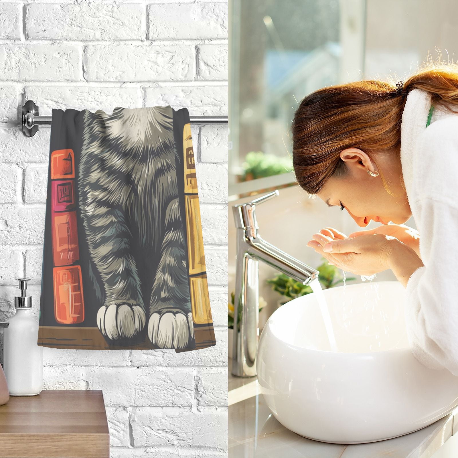 Cat Books Hand Towels Cotton Bath Towels Large Face Towels Absorbent for Bathroom 2 Packs