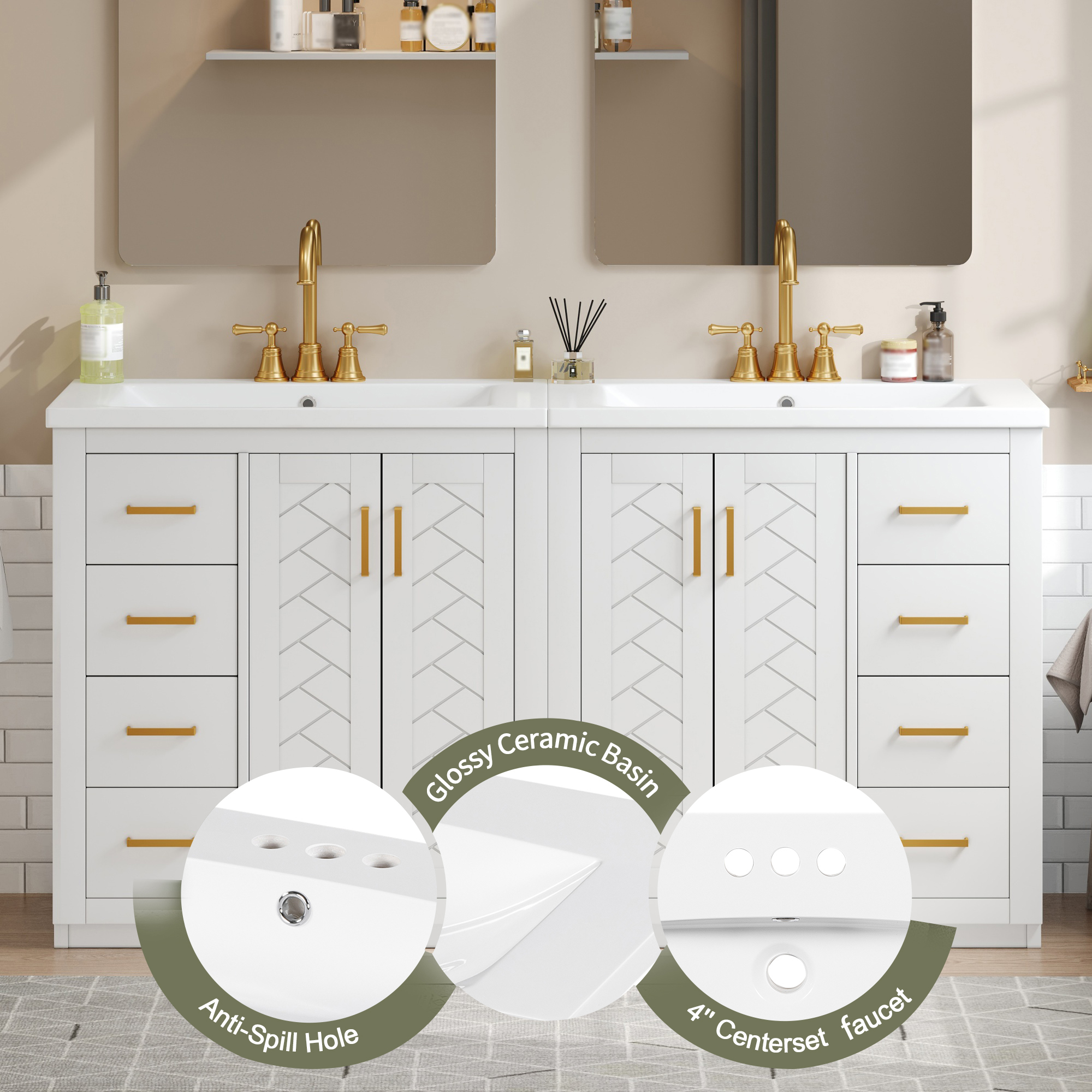 Euroco 60'' Bathroom Vanity with Ceramic Sink Combo,Solid Wood Frame Bathroom Storage Cabinet, Freestanding Vanity Set with 3 Drawers& Soft Closing Doors