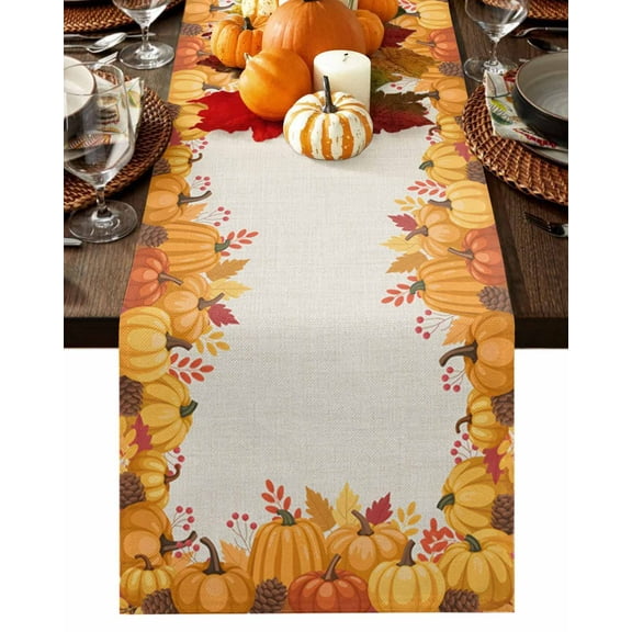 Vintage Autumn Pumpkin Maple Leaf Table Runner-36 Inch Long Happy Thanksgiving Table Runners Linen Burlap Tablerunner for Kitchen Dining Room Holiday Party