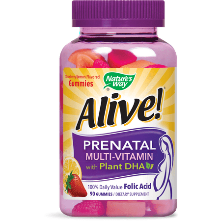 Alive! Prenatal Gummy Vitamins with Plant DHA, Multivitamin Supplement, Lemon & Strawberry, 90