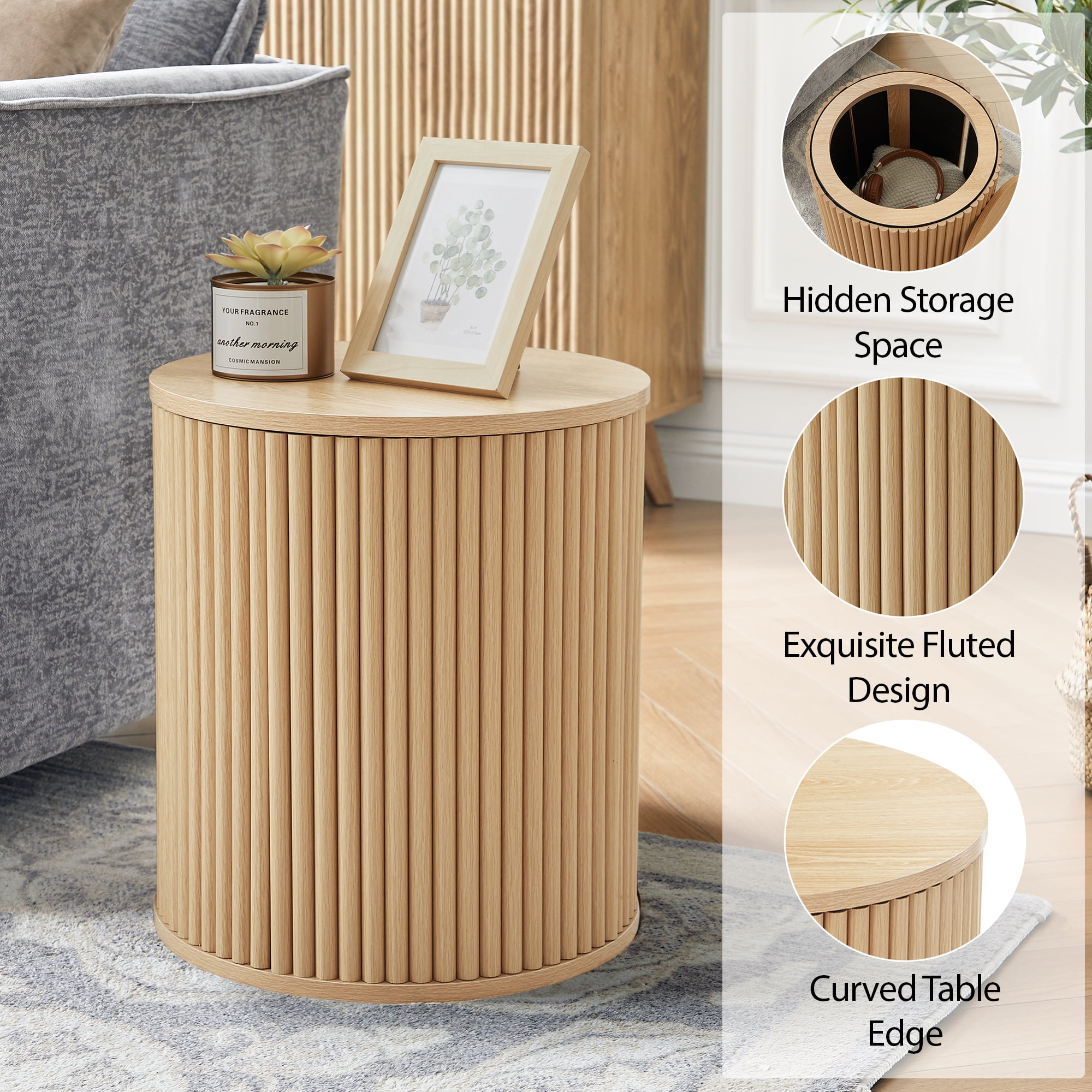 Wirrytor Round Side Table for living room, Fluted End Table for Small Spaces, Mid Century Modern Small Accent Tables, Bedside Table, Couch Side Table, Nightstand for Bedroom Couch,Oak