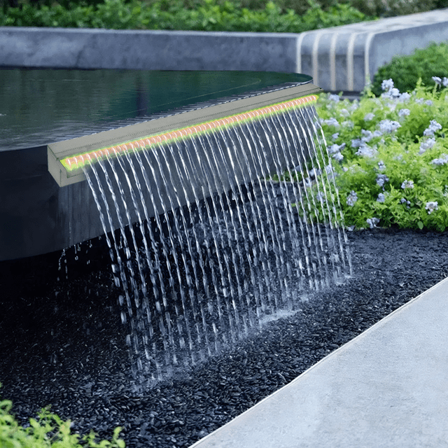 Pool Fountain – 60" Stainless Steel with LED Strip – Rectangular Waterfall Spillway – Outdoor Garden & Indoor Pools – Remote-Controlled – Above Ground Pools