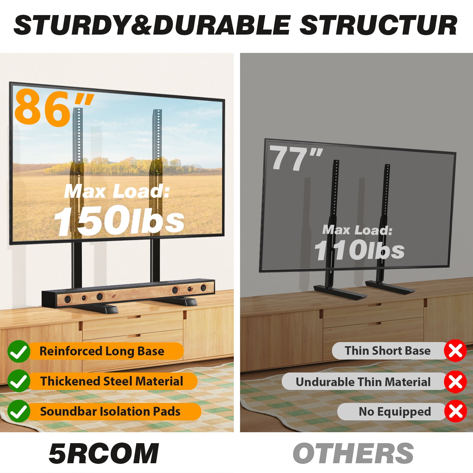 RTVR Universal Table Top TV Stand Base Height Adjustable for Most 37 to 86 inch LCD LED Screen, Tabletop TV Mount Stand