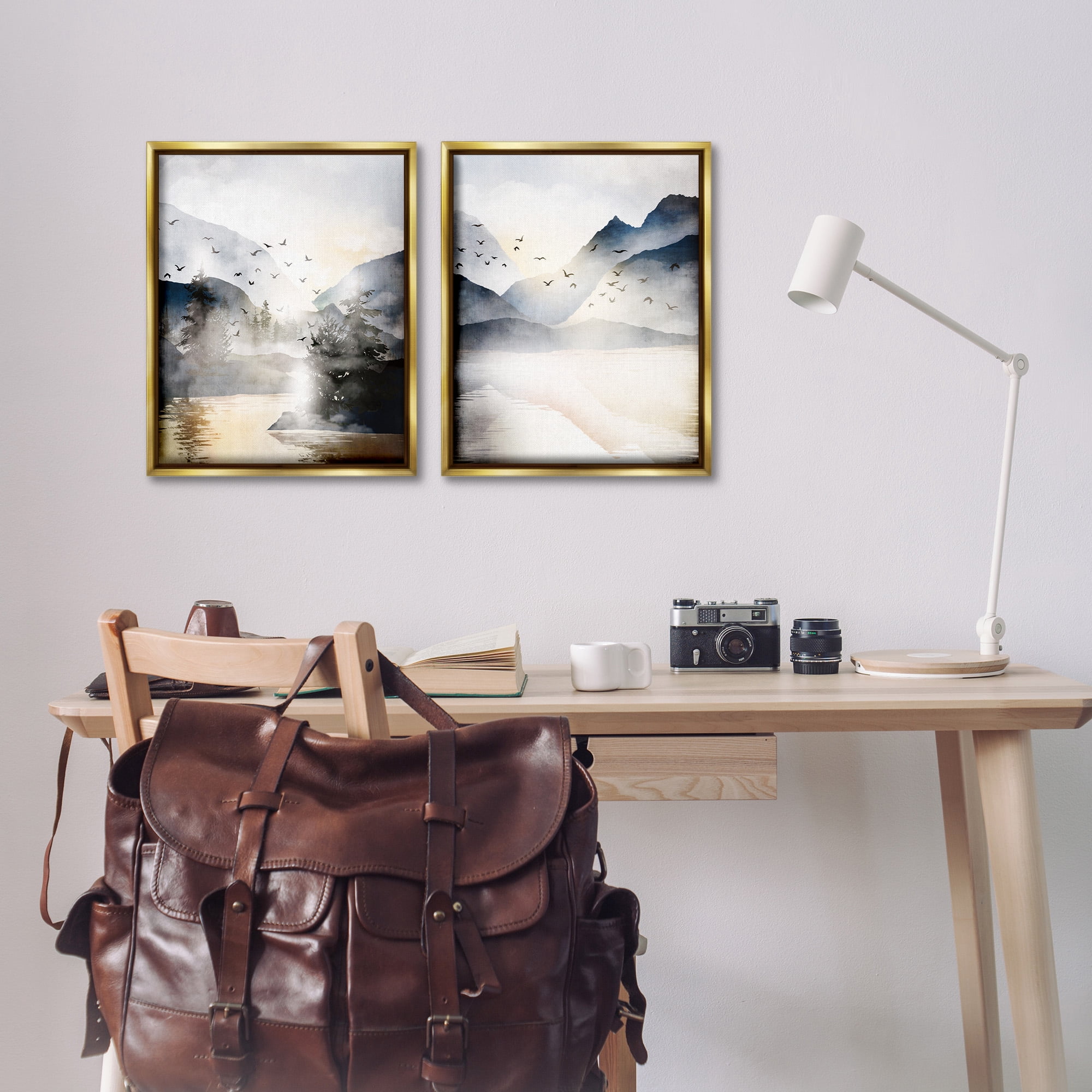 Stupell Industries Sunlit Birds Over Lake Landscape Landscape Painting Gold Floater Framed Canvas Art Print Wall Art, 17 x 21, Set of 2