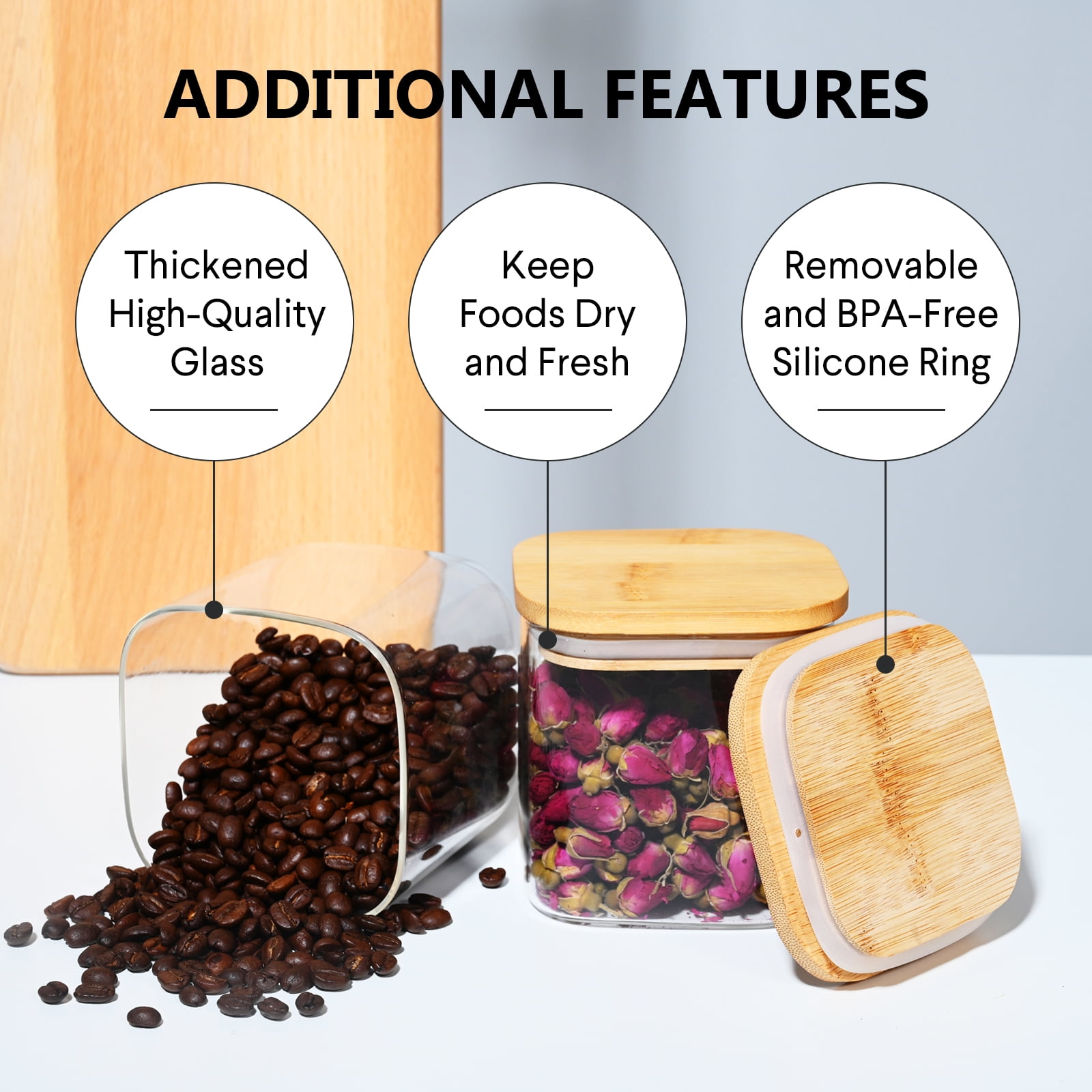 Ollieroo Glass Storage Jar Set Glass and Bamboo 4" × 4" × 4.1" Clear