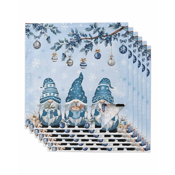 Christmas Gnomes Cloth Napkins Set of 6 Reusable Dinner Napkins, Winter Xmas Balls Snowflake Light Blue Cocktail Napkin Washable Table Napkins for Wedding/Holiday Party/Baby Shower 20"x20"