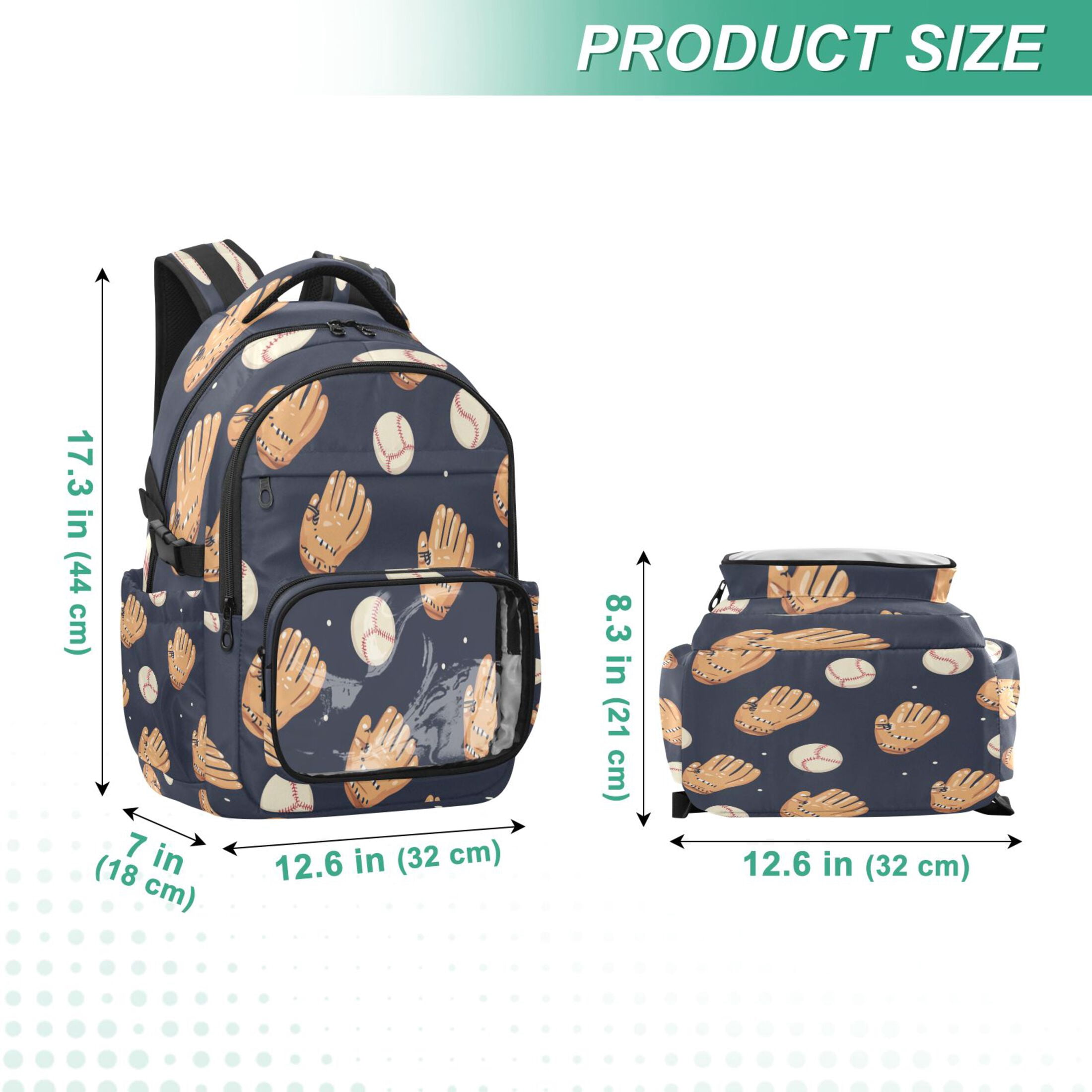 PVC Casual Backpack 25L Daypack with Laptop Compartment Lightweight Travel Backpack for Work Outdoor Activities Baseball Gloves and Balls Pattern