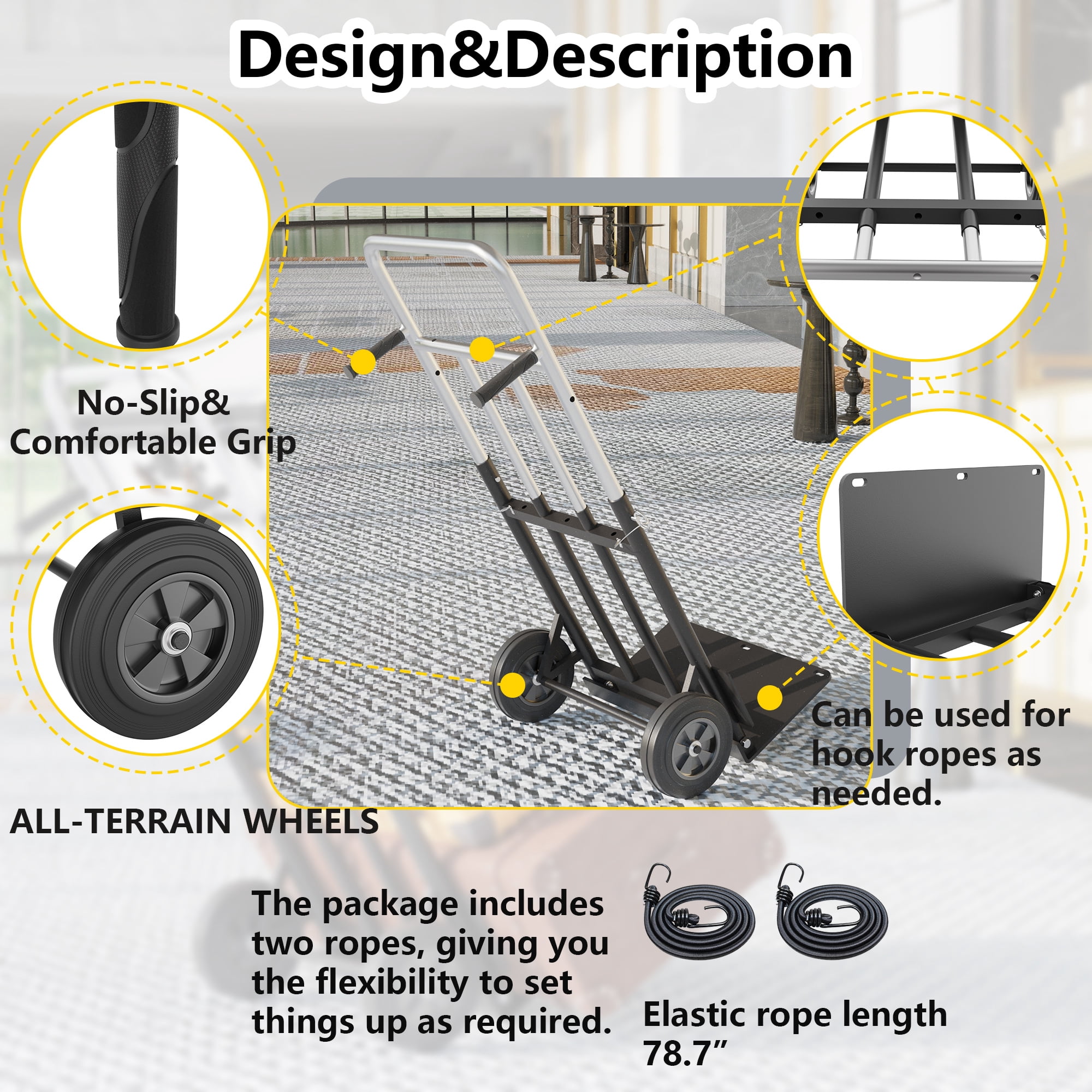 HOHYN Folding Hand Truck Dolly - 600 LB Load Rating, Heavy-Duty Wheels and Compact Design for Moving Heavy Loads in Offices,Warehouses , Shopping, and Homes