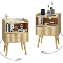 EROMMY Fluted Nightstand with Charging Station, 16" Modern Bedside Table with Drawer, Mid Century Nightstand with Storage, End Table for Bedroom, Curved Profile, Walnut, Set of 2