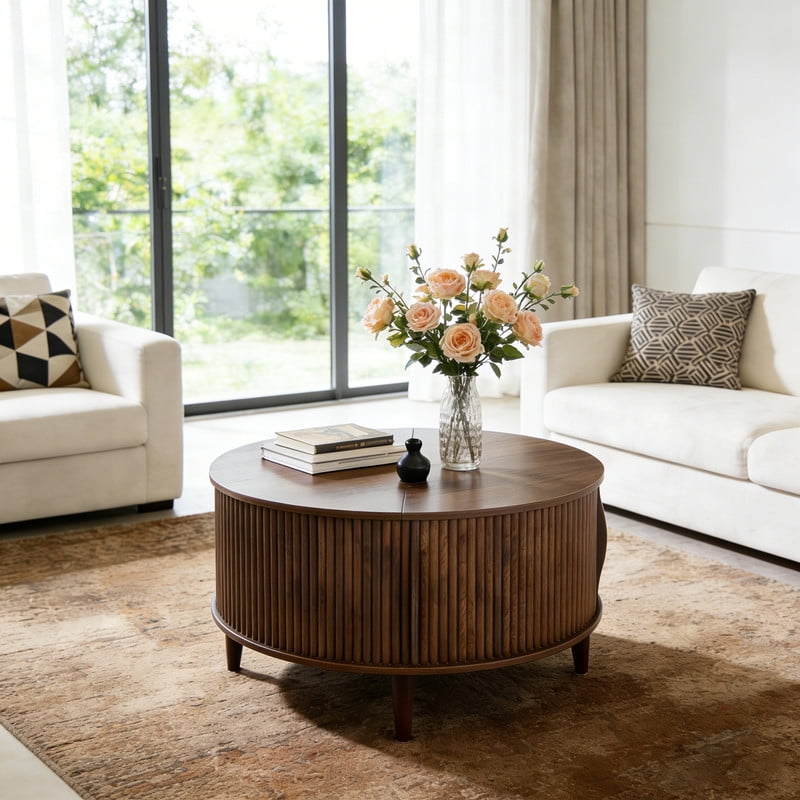 Gianna Coffee Table, Round Coffee Tables with Storage, Fluted Center Table for Living Room, 31.69" Mid Century Modern Table with Sliding Cabinet Door, 2-Tier Rustic Wood Desktop, Brown