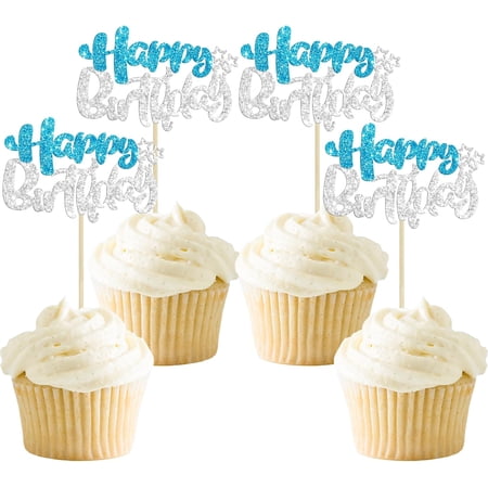 12Pcs Blue & Silver Glitter "Happy Birthday" Cupcake Toppers with Stars, Birthday Party Cake Decorations