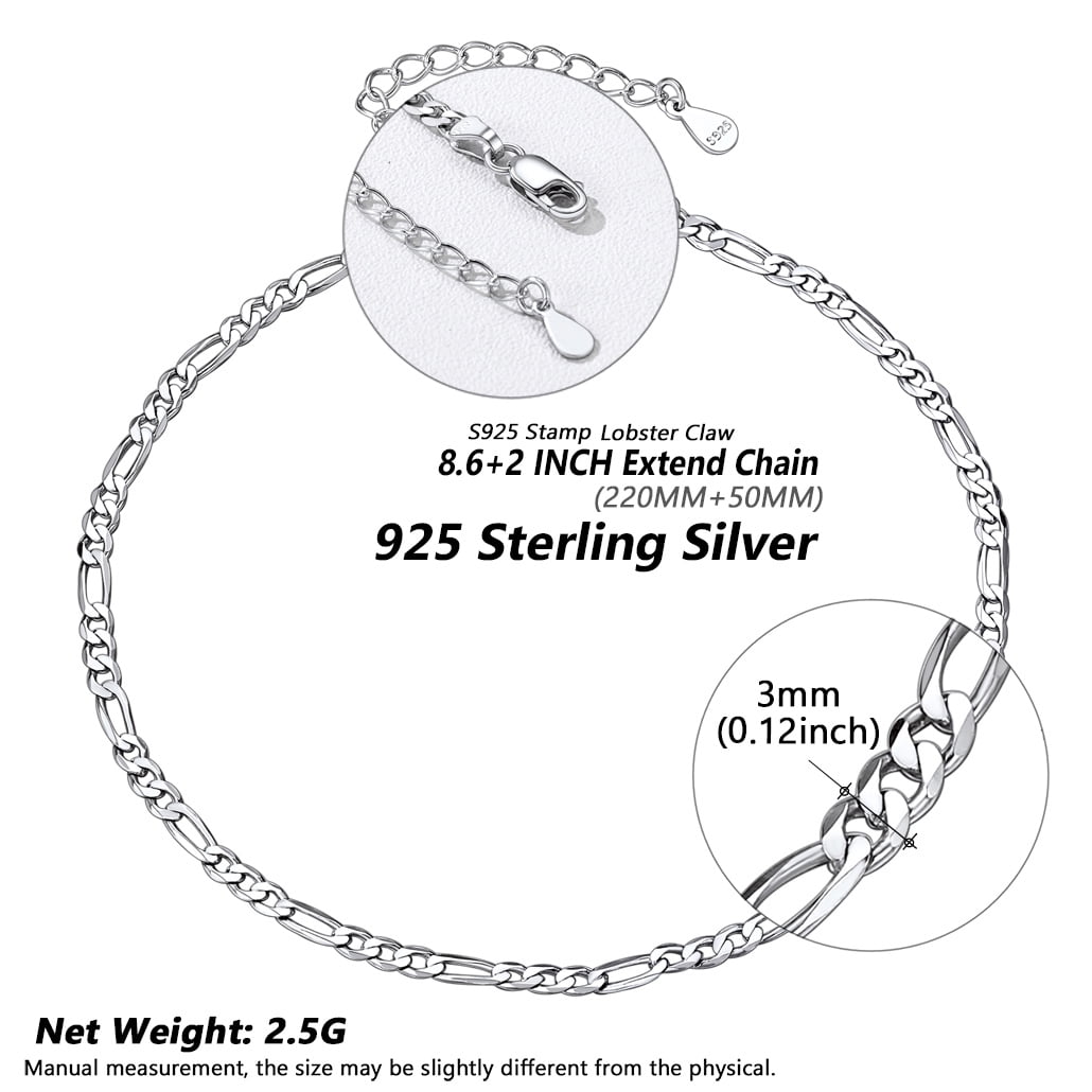 Silvora Figaro Chain Sterling Silver Anklets for Women Summer Beach Trendy Design Adjustable Anklet Bracelets Mother's Day Gifts for Mom, 925 Silver