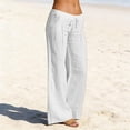 thumbnail image 4 of Women's Linen Cotton Wide Leg Pants for Women, Mid Elastic Waist Straight Tube Casual Pants, Solid Color Pockets, Work Lounge Summer Beach Trousers, Long Straight Leg | VerBelle,White 3XL, 4 of 7