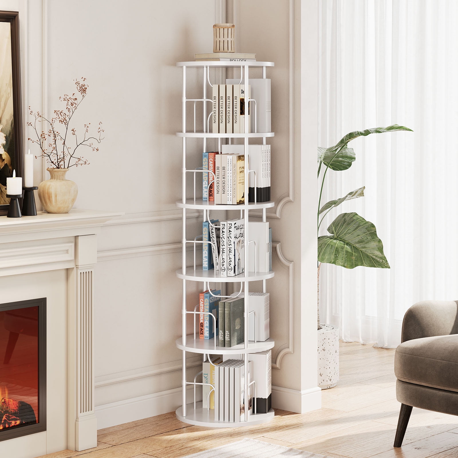 Flycity 5 Tier Rotate Bookcases, 360° Display Corner Shelf Spin Bookcases with Special Visible Partition Storage, White