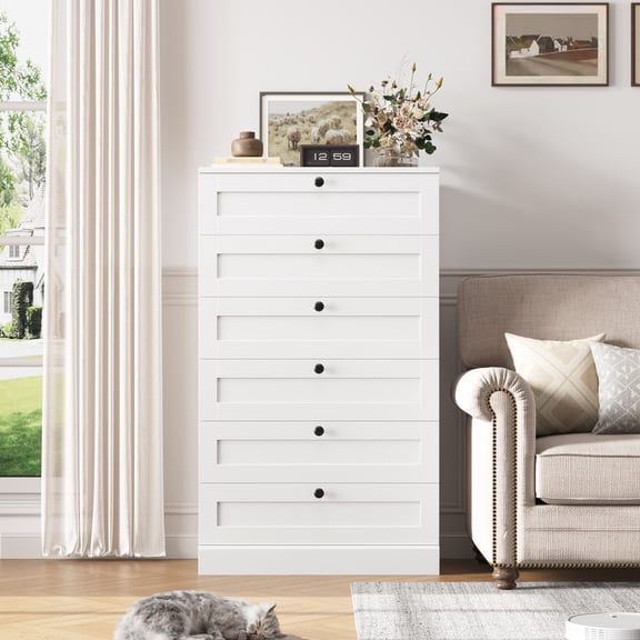 Homfa White Dresser for Bedroom with 6 Drawers, Modern Wood Dresser Chest of Drawers for Living Room, Entryway, Hallway