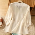 thumbnail image 4 of Ounisa Women V Neck Linen Tshirts Women Summer Fall 3/4 Sleeve Relaxed Fit Embroidered Button Tee Shirt Tops, 4 of 4