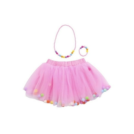 Tutu Joli Girls Pink Multi Colors Pom-Pom Necklace Bracelet Tutu Skirt