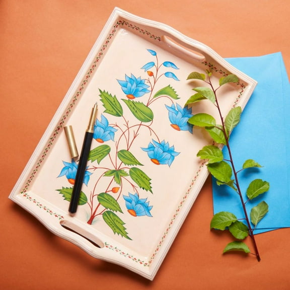 India Kashmiri Hand Painted Medium Bold Blue Floral Pastel Pink Tray