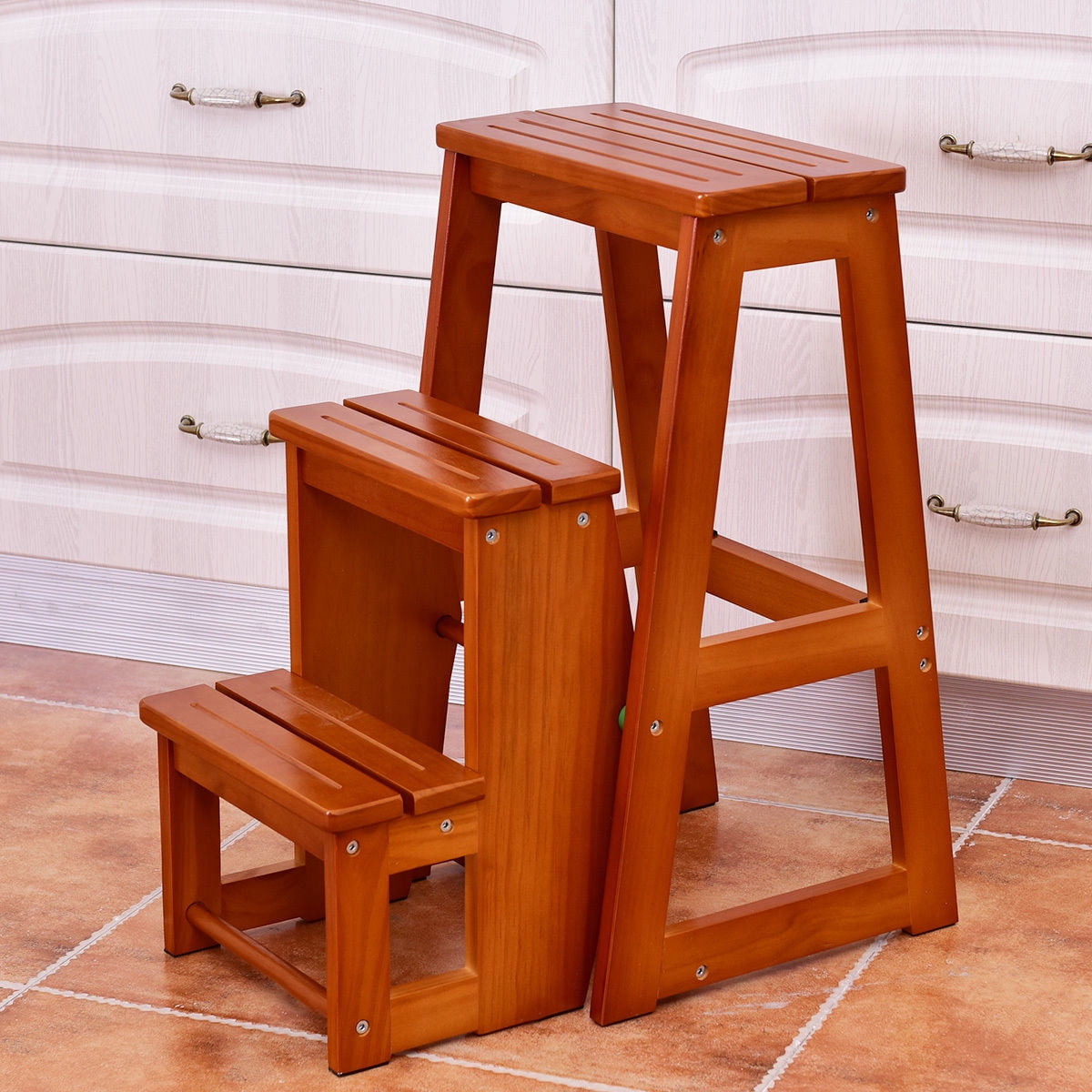 Costway Wood Step Stool Folding 3 Tier Ladder Chair Bench ...