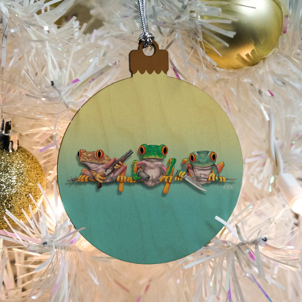 Keep Out Rainforest Frogs Armed Weapons Wood Christmas Tree Ornament 