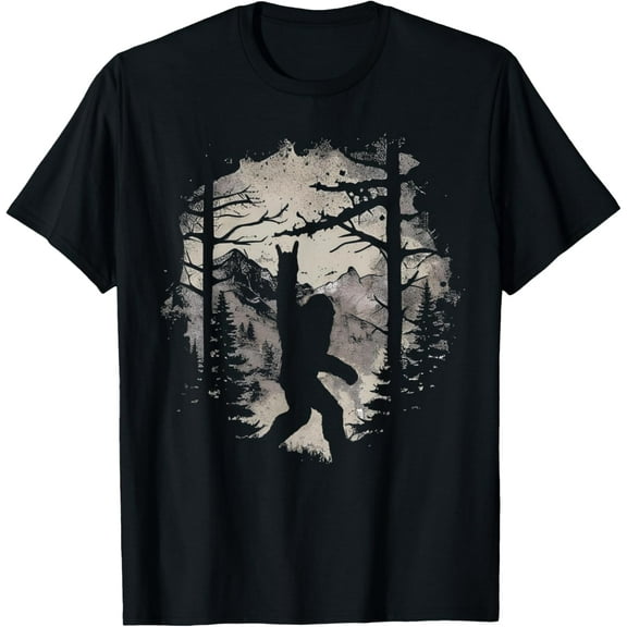 Rock On Bigfoot Sasquatch Loves Rock And Roll Mountain Trees T-Shirt men and women can wear, black, white, gifts