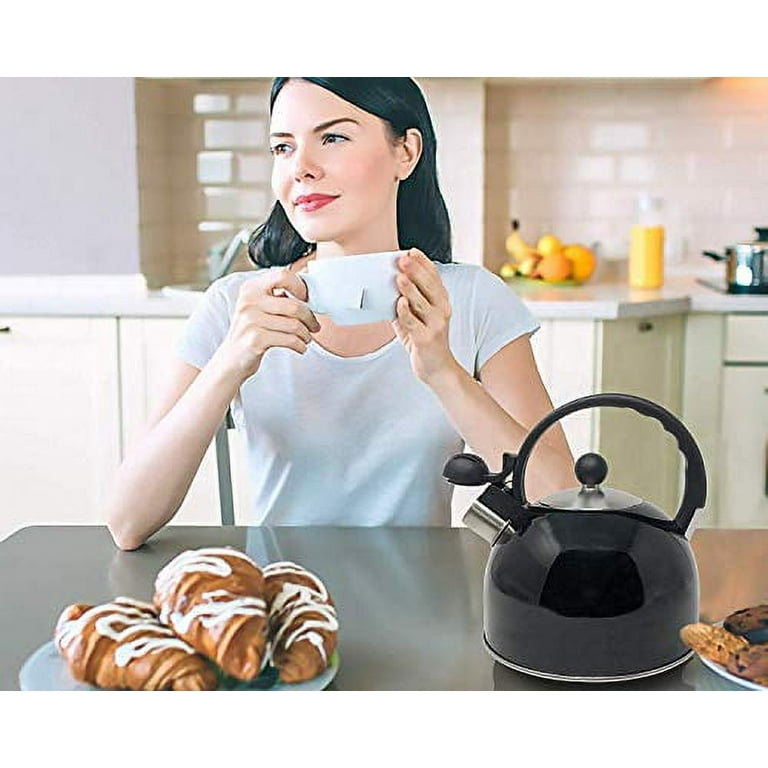 Venoly 2.5 Liter Whistling Tea Kettle - Modern Stainless Steel Whistling Tea Pot for Stovetop with Cool Grip Ergonomic Handle - Black
