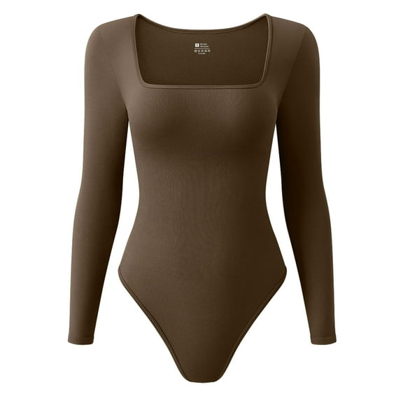 OQQ Women's 1 Piece Bodysuits Ribbed One Piece Square Neck Long Sleeve Bodysuits